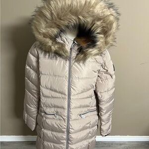 Point Zero Beige Puffer Coat with Faux Fur Hood